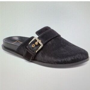 Dolce Vita Sunday Onyx Black Calf Hair Slip-On Mule w Gold Buckle Size 6 NIB